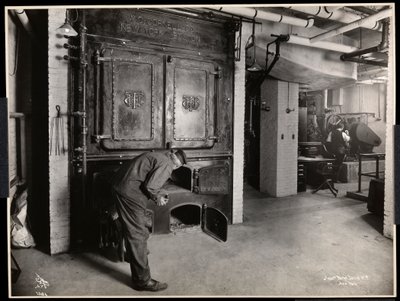 Interior view of men working in the furnace room at Parke, Davis and Co., chemists, Hudson and Vestry Streets, New York by Byron Company